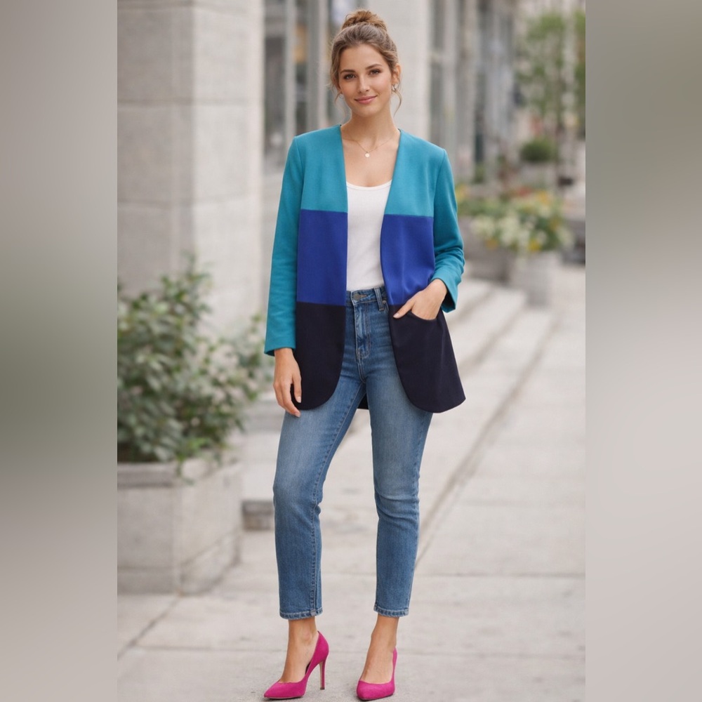 Vintage 90s Leslie Fay Colorblock Open Front Blazer Jacket Petite SMALL